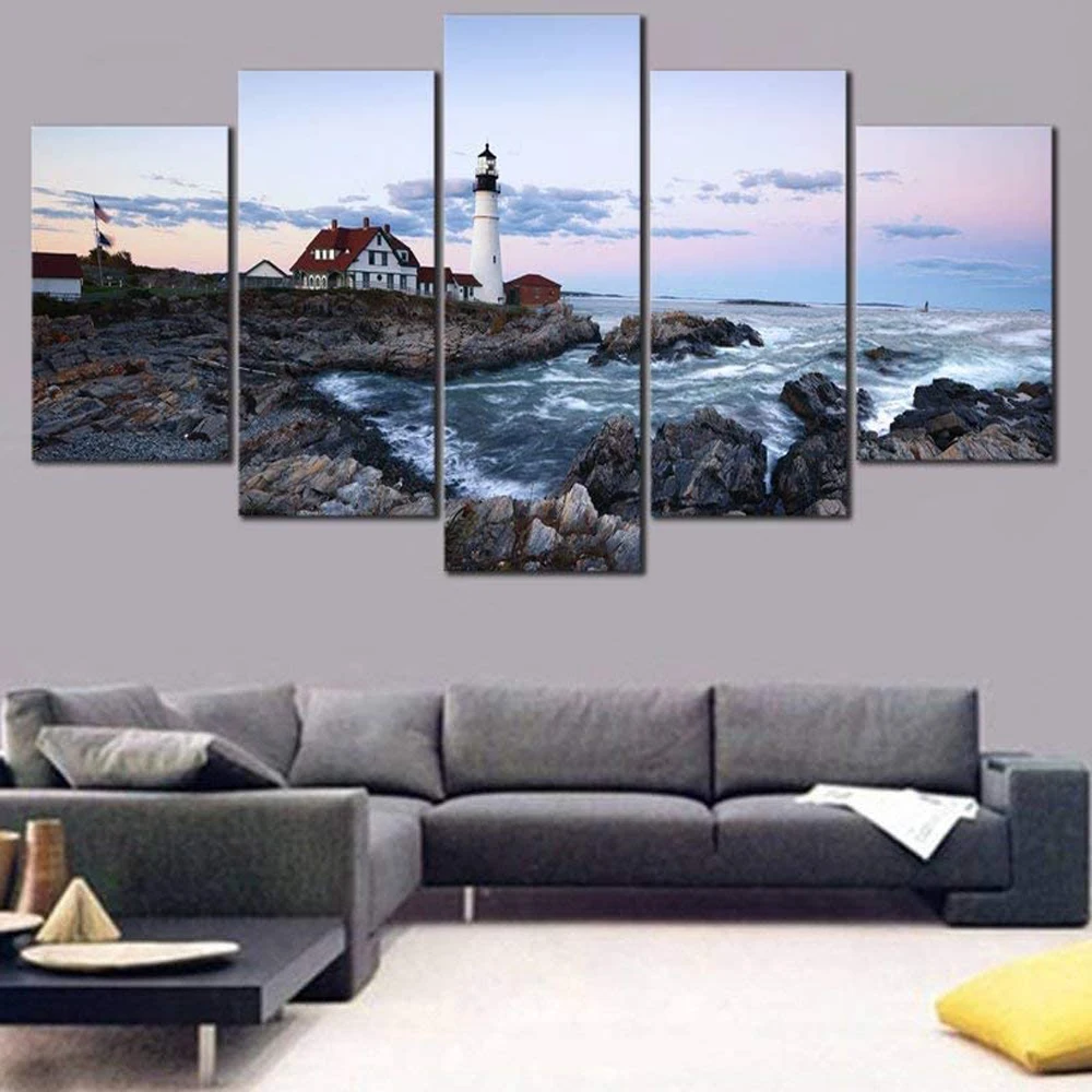 

5 Pieces Wall Art Canvas Painting Lighthouse Seascape Poster Modular Pictures Home Decoration For Living Room Framework