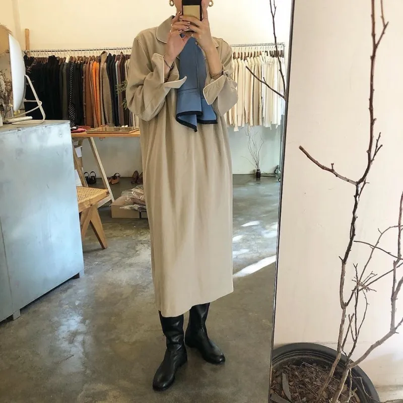 2020 Women Autumn Elegant Brief Long Loose Shirt Dress Full Sleeve Midi Pullover Dresses