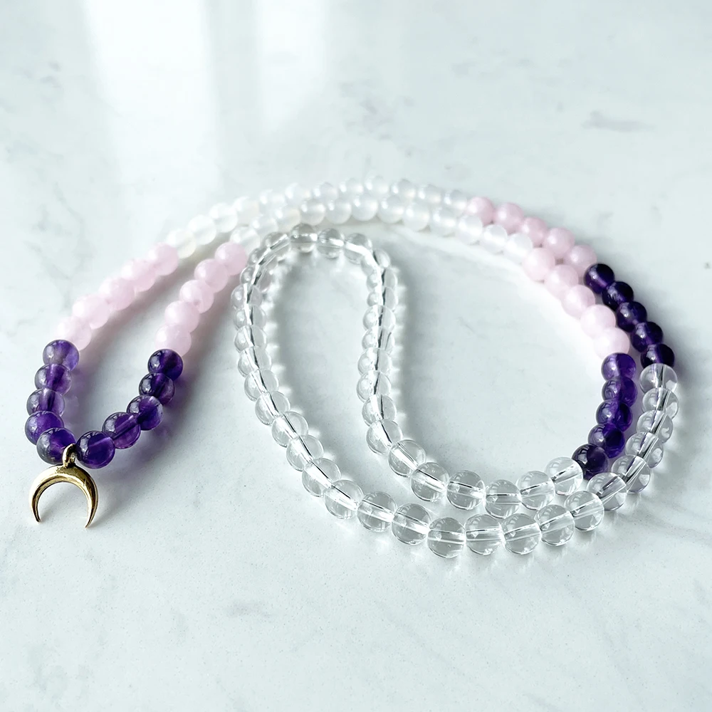 Ruberthen 6 mm Natural Crystals 108 Mala Bracelet Women`s Amethyst Rose Quartz Clear Quartz Bracelet Yoga Spiritual Mala Jewelry