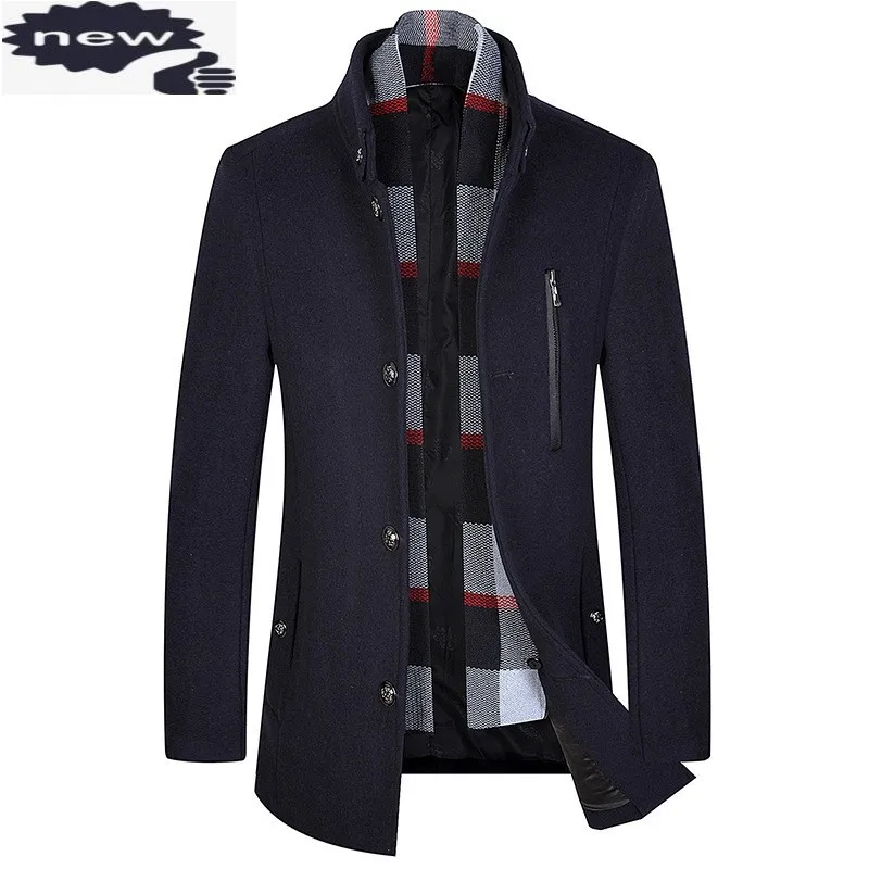 

Classic Autumn Winter Thick Blends Wool Coat Lapel Collar Casual Business Men Scarf Woolen Sobretudo Long Jacket Slim Fit Trench