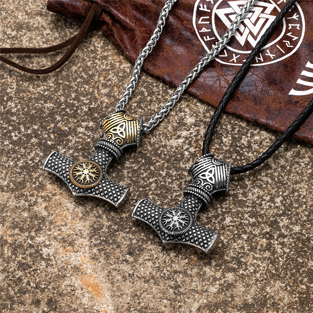 Norse Viking Thors Hammer Necklaces Double-sided Rune Triangle Compass Amulet Mens Stainless Steel Anchor Pendant Slavic Jewelry