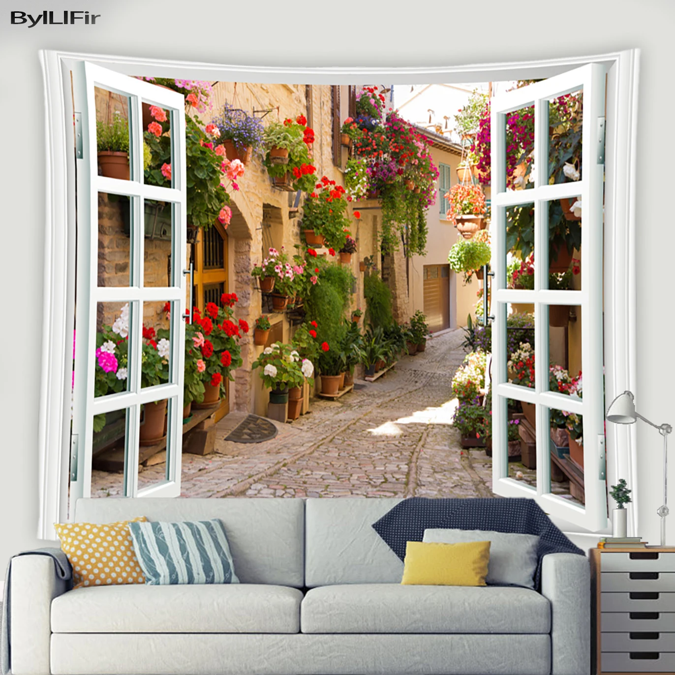 

Flowers Landscape Tapestry Outside The Window European Town Scenery Living Room Bedroom Wall Hanging Wall Art Decor Tapestries