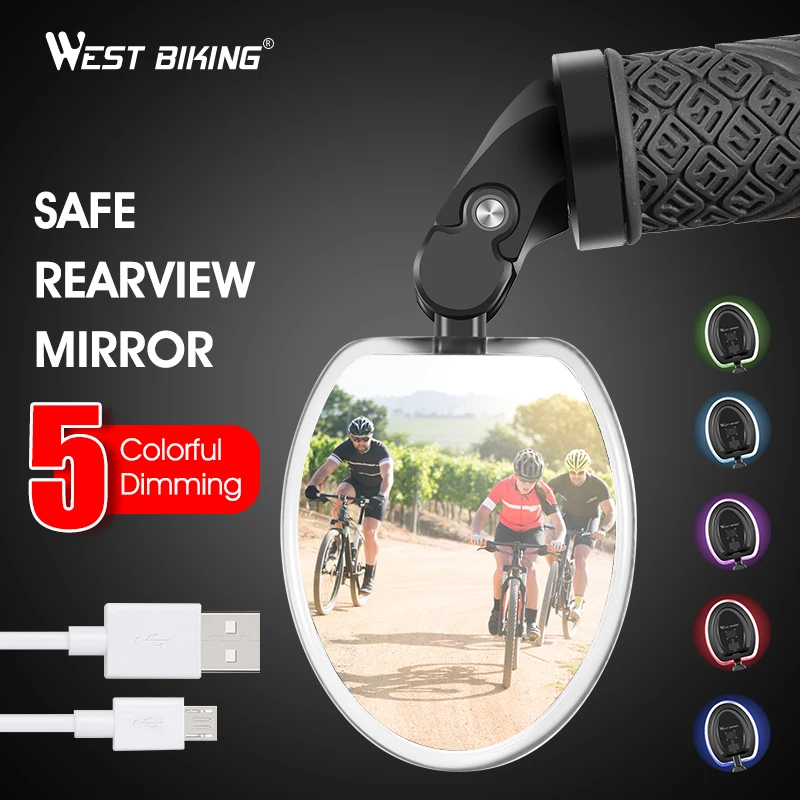 

WEST BIKING Bike Rearview Mirror With LED Light USB Rechargeable Handlebar Mirror 360 Rotation Adjustable Rear View Mirror