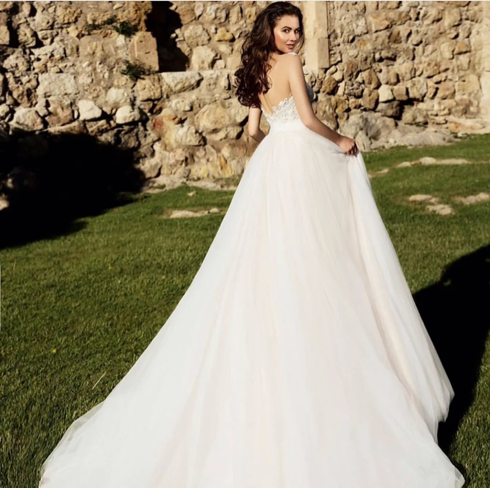 Robe de mariée ligne a, col rond, avec des Appliques de dentelle, à paillettes, à dos nu, Illusion de longueur au sol, traîne de balayage, élégante, nouvelle collection