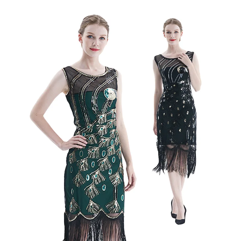 

Women Party Dress 1920 S Great Gatsby Flapper Vestidos Sequin Bead Fringe Dress Evening O-Neck Embellished Fringed Sleeveless