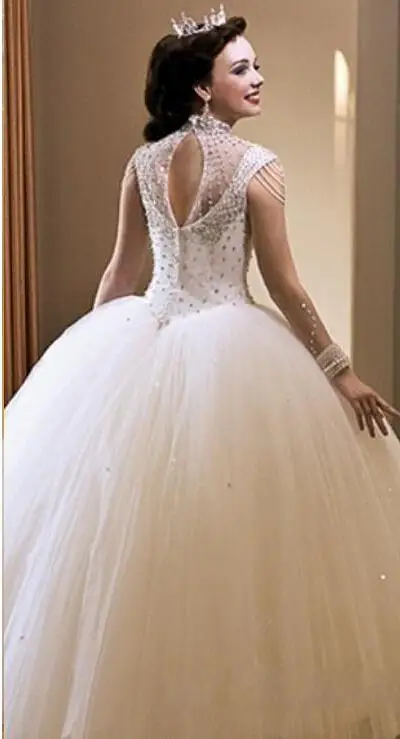 Abiti Quinceanera in Tulle bianco 2023 nuovi cristalli abito da ballo con perline manica con cappuccio buco della serratura indietro ragazze Prom abbigliamento formale