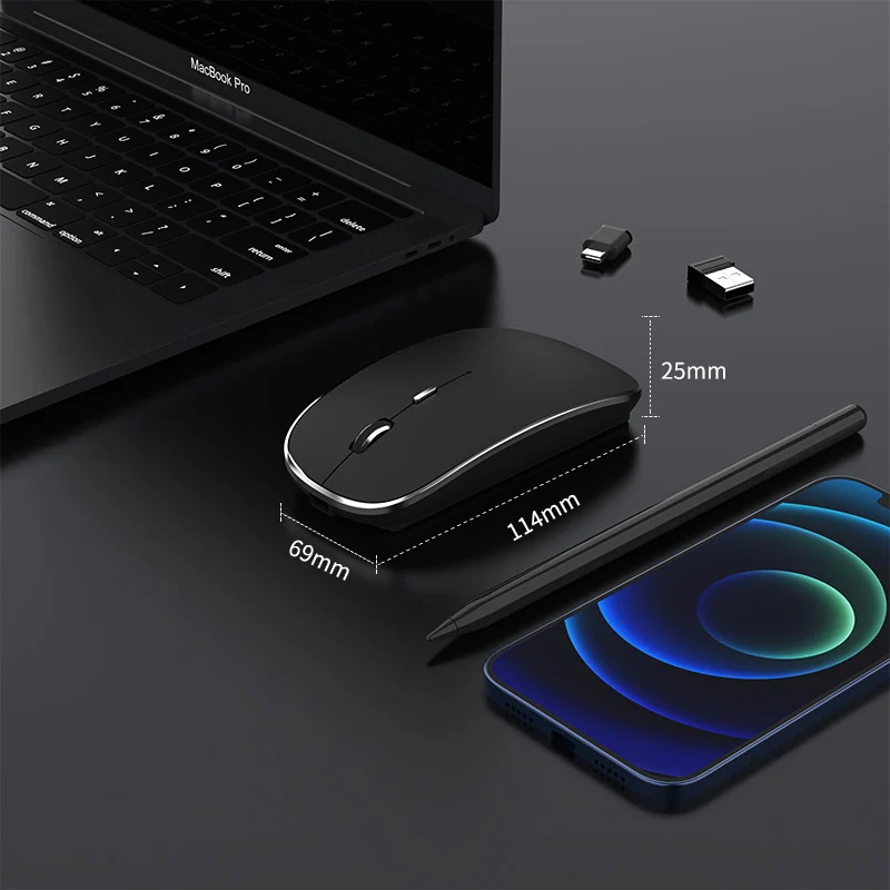 ماوس لاسلكي قابل للشحن محمول صامت USB وماوس مزدوج الوضع من النوع C 3 نقطة لكل بوصة قابلة للتعديل لأجهزة الكمبيوتر المحمول وأجهزة Mac وMacBook وAndroid والكمبيوتر الشخصي