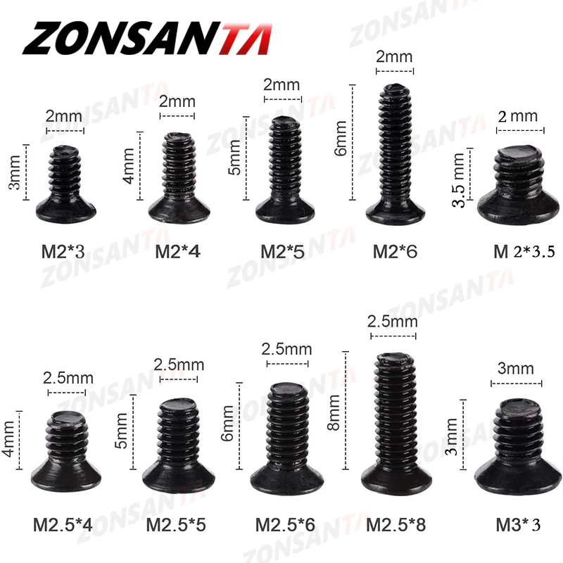 ZONSANTA 500Pcs M2 M2.5 M3 Screw Flat Head Phillips Machine Screws Laptop Notebook Screws Set Kit computer small Black Bolts