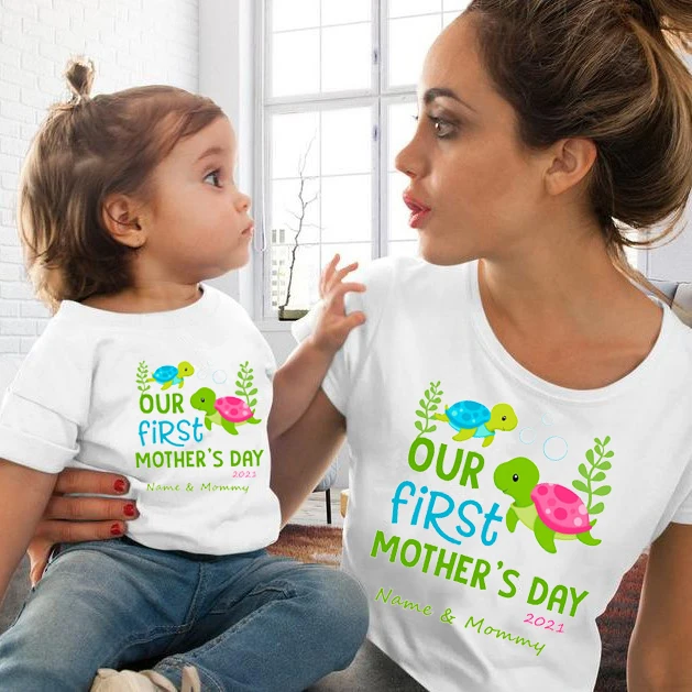 Family Matching Outfits Our First Mother'S Day Tshirt Lovely Clothes Summer Top White Turtle T-Shirt Women Kids DIY Name T Shirt