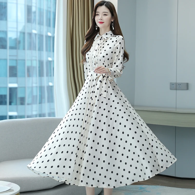 Spring Autumn Oversize Office Lady Shirt Dress Women Bodycon Party Maxi Vestido 2024 Vintage White Dot Chiffon Casual Midi Dress