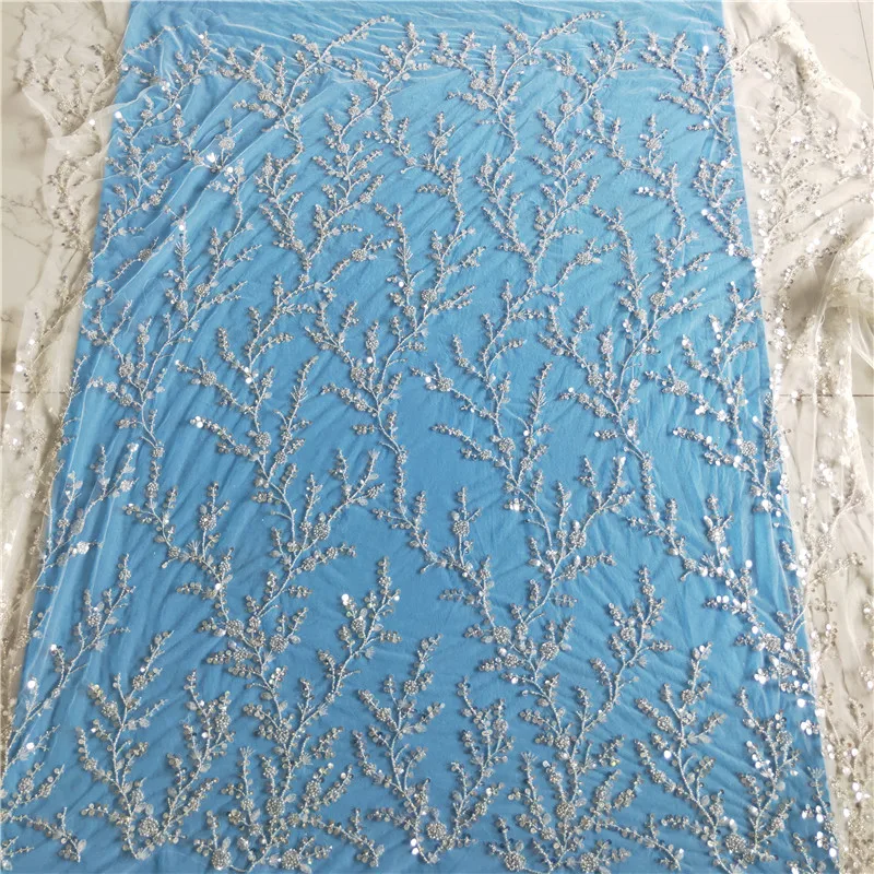 Silver Beaded Sequin Lace Fabric, Wedding Evening Dress, Bridal Dress, Shiny Branches, Sewing Accessories, RS2975