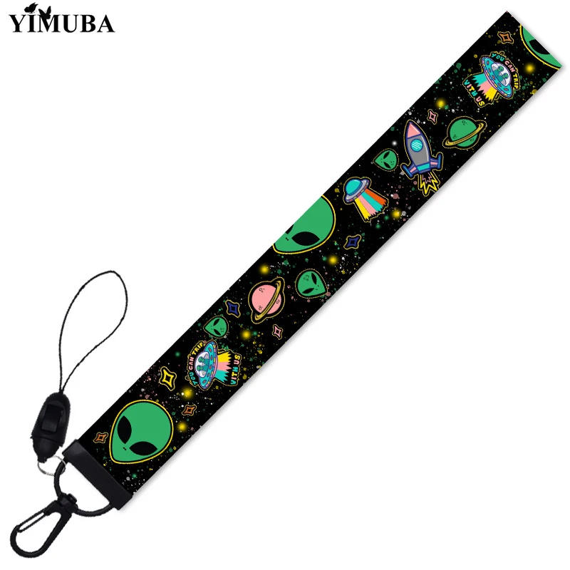 Funny Outer Space Alien Lanyard Key Chain Multifunction Cartoon Printed Webbing DIY Remove Buckle Wrist Rope Lariat Phone Strap