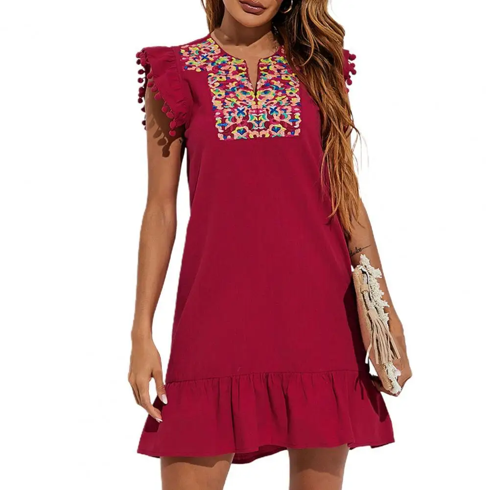  Women Mini Dress V Neck Summer Elegant Floral Embroidery Print Ruffle Hem Sleeveless Casual Dresses Party