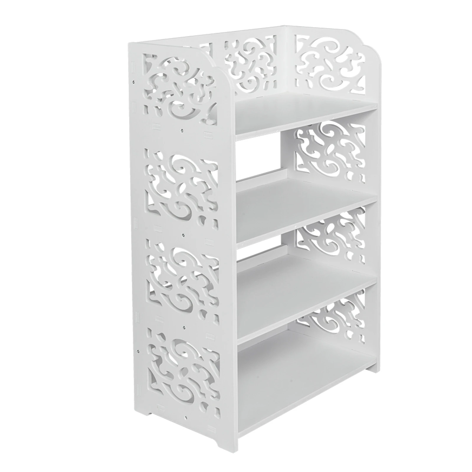 Wood-plastic Board Four Tiers Carved Shoe Rack White A for Entryway  Living Room  Hallway Shoes Organizer