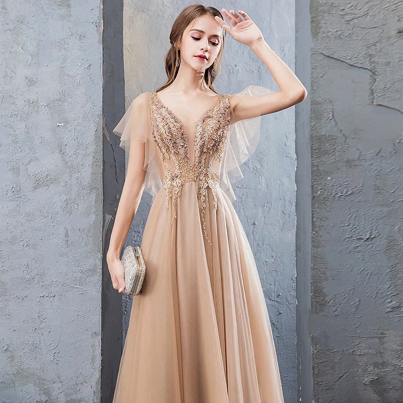 

2024 Luxury Bridesmaid Dresses A-line Appliques Bead V-neck Backless Champagne Elegant Wedding Party Banquet Evening Prom Gowns