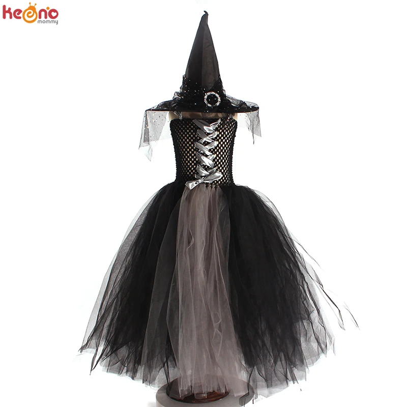 Girls Gothic Halloween Ghost Witch Costume Flare Sleeve Kids Gown Robe Tutu Dress with Witch Hat for Purim Carnival Party