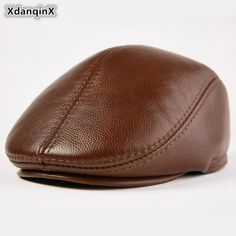 XdanqinX Men's Warm Earmuffs Genuine Leather Hat Cowhide Leather Berets NEW Autumn Winter Middle-aged Thick Thermal Leather Caps