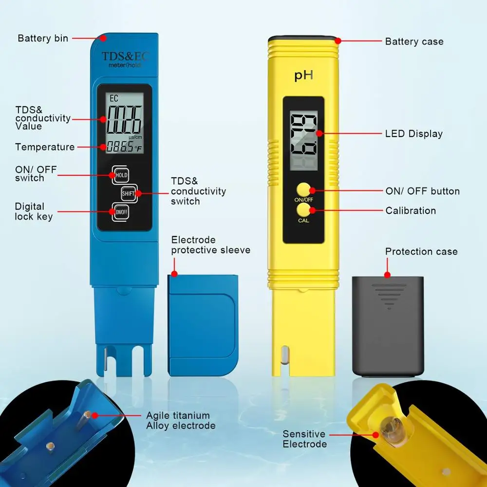 2Pcs TDS Meter Digital Water Tester Digital 0.0-14.0 PH Meter Tester 0-9990ppm TDS&EC LCD Water Purity PPM Aquarium Filter