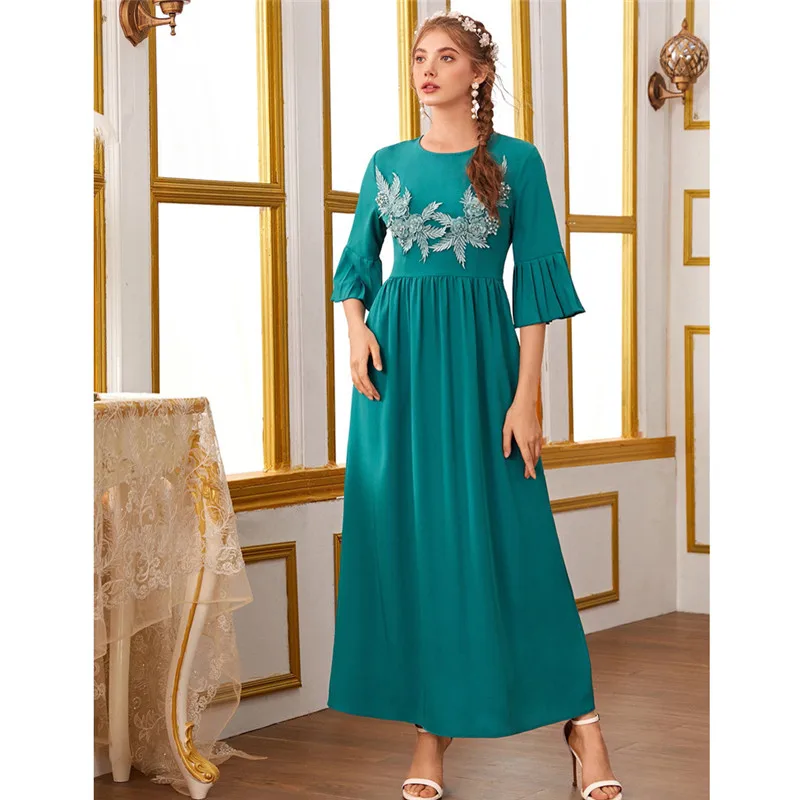 

2024 Summer Kaftan Women Muslim Beads Flower Dress Abaya Dubai Turkish Caftan Islamic Clothing Ethnic Gown Arabic Robe Abayas