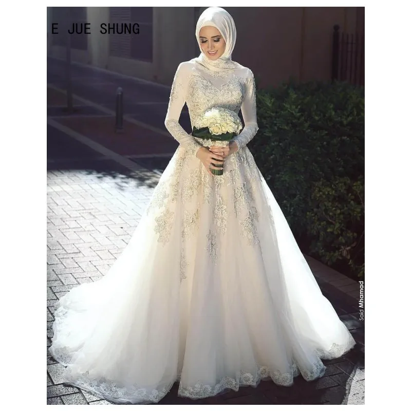 E JUE SHUNG Elegant Long Sleeves Muslim Wedding Dresses High Neck Zipper Back Lace Appliques Islamic Bridal Gowns