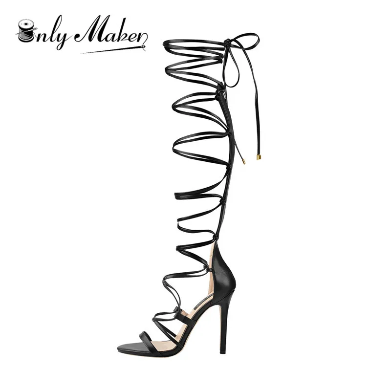 Onlymaker Women 12CM High Heel Gladiator Knee High Sandals Open Toe Lace Up Criss Cross Strappy Fashion Sexy Plus Size Sandals