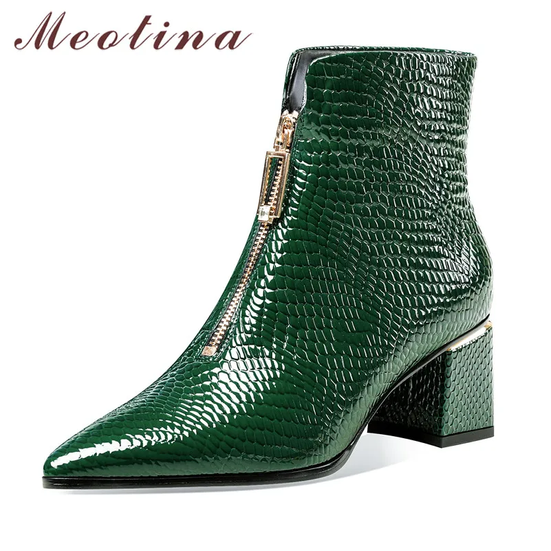 

Meotina Short Boots Women Shoes Real Leather High Heel Fashion Boots Pointed Toe Zip Thick Heels Ankle Boots Ladies Winter 33-41