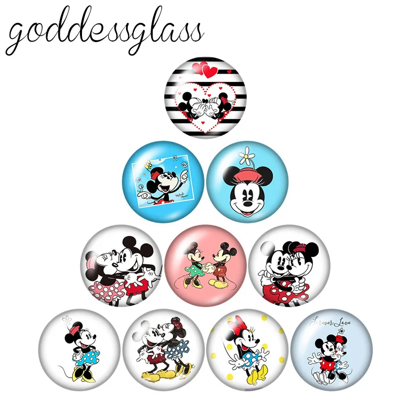 Disney Mickey Minnie Mouse Love Couple 10pcs 12mm/18mm/20mm/25mm Round photo glass cabochon flat back Necklace Making findings