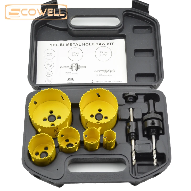 SCOWEL Bimetal Holesaw Bit Cutter Kit Cutting Saw Bit Set Blades Metal 9pcs Crown Saw Set DIY Tools 22mm - 73mm (7/8