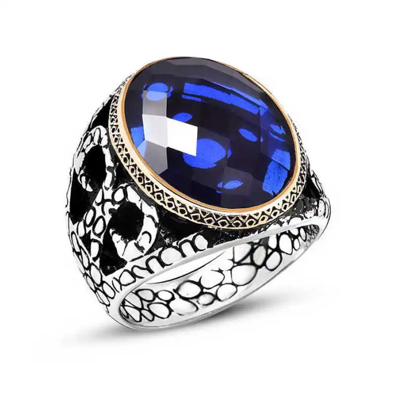 Silver Blue Zircon Stone Men's Ring - 925 Sterling Men's Jewelry Wedding Birthday Gift - Box - Zircon Stone - Men - Fashion - Botiva - Size - Turkish - Patterned Embroidery