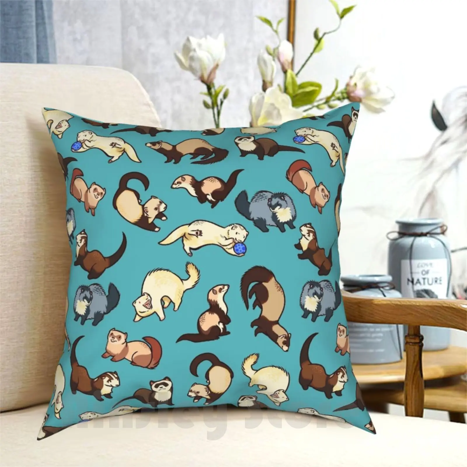 Cat Snakes In Blue Pillow Case Printed Home Soft Throw Pillow Ferret Ferrets Pattern Patterns Cute