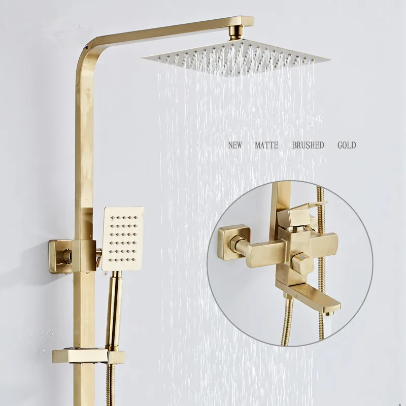 

Bath and Shower Mixers 8" Rainfall Shower Faucet Set Wall Mounted with Hand Shower Brass Brushed Gold Bathroom Rain Shower Tap