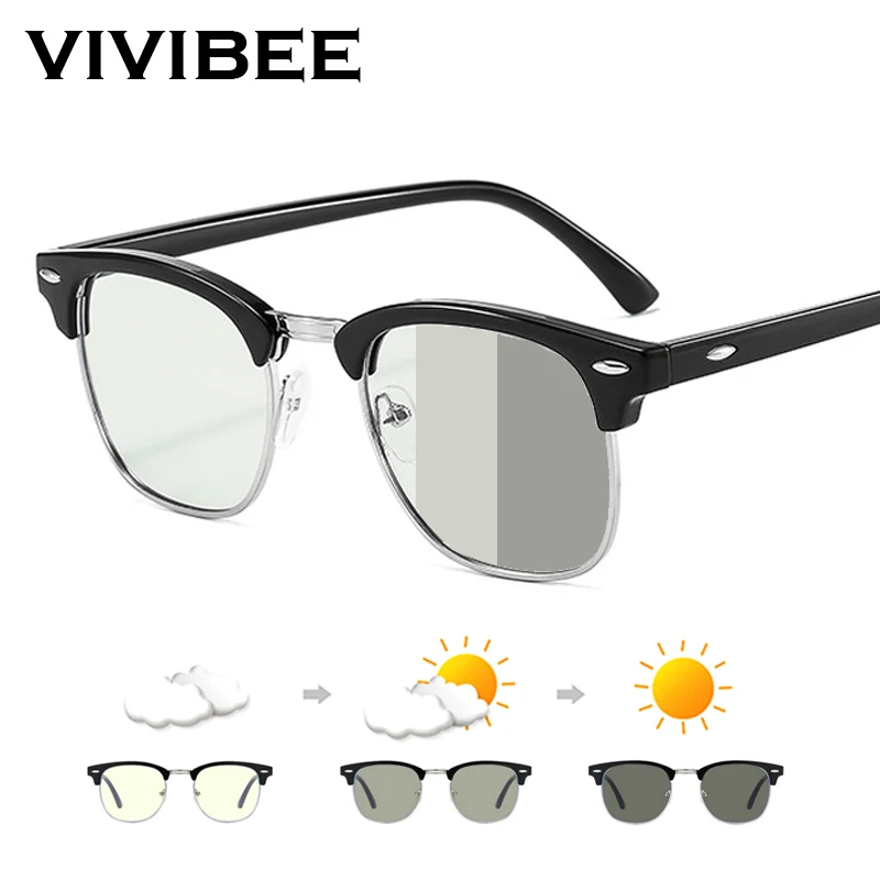 Semi Rimless Photochromic Glasses Men Anti Blue Light Blocking Color Changing Eyeglasses Square Computer Ray Retro Women Eyewear