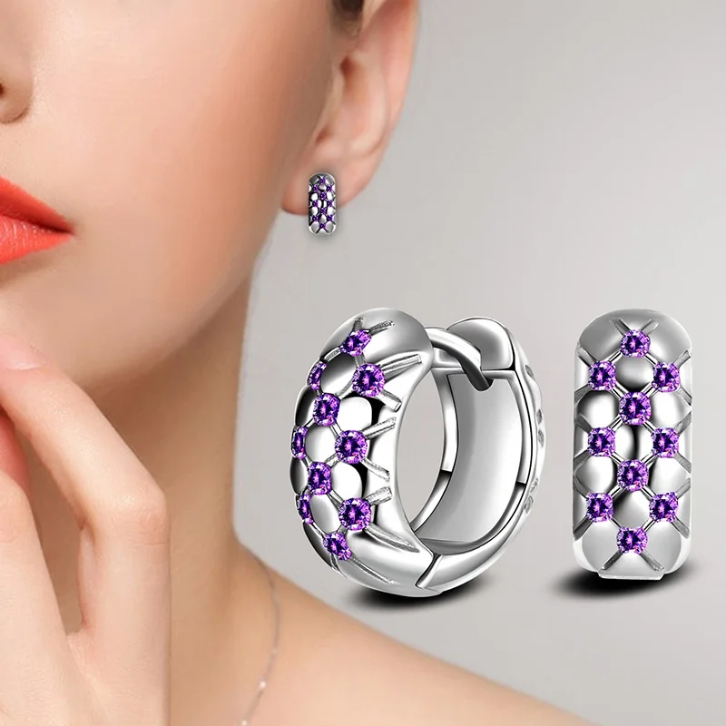 Women's Fashion Exquisite Zirconia Hoop Earrings Purple Crystal Stud Small Huggies Elegant Earring Piercing Jewelry For Lady