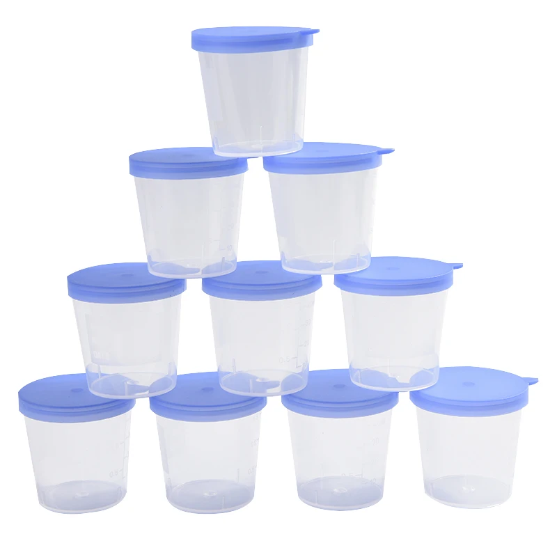 Vaso de plástico 40ML contenedor de orina taza para muestras botella de muestra caliente 10 Uds Vol moldeado graduación ML y Oz PP EO estéril tapa