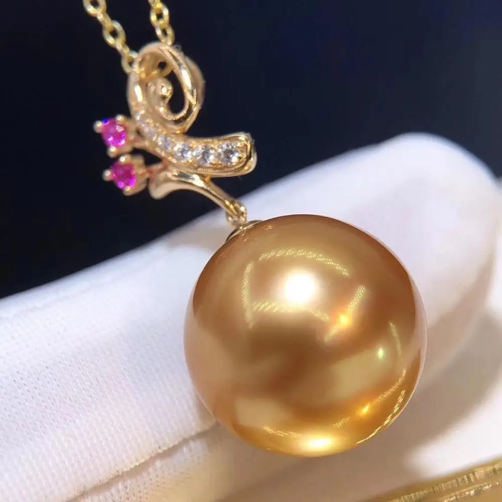 

D921 Pearl Pendant Fine Jewelry Solid 18K Gold Round 12-13mm Nature Salt Sea Water Golden Pearls Pendants Necklaces for Women