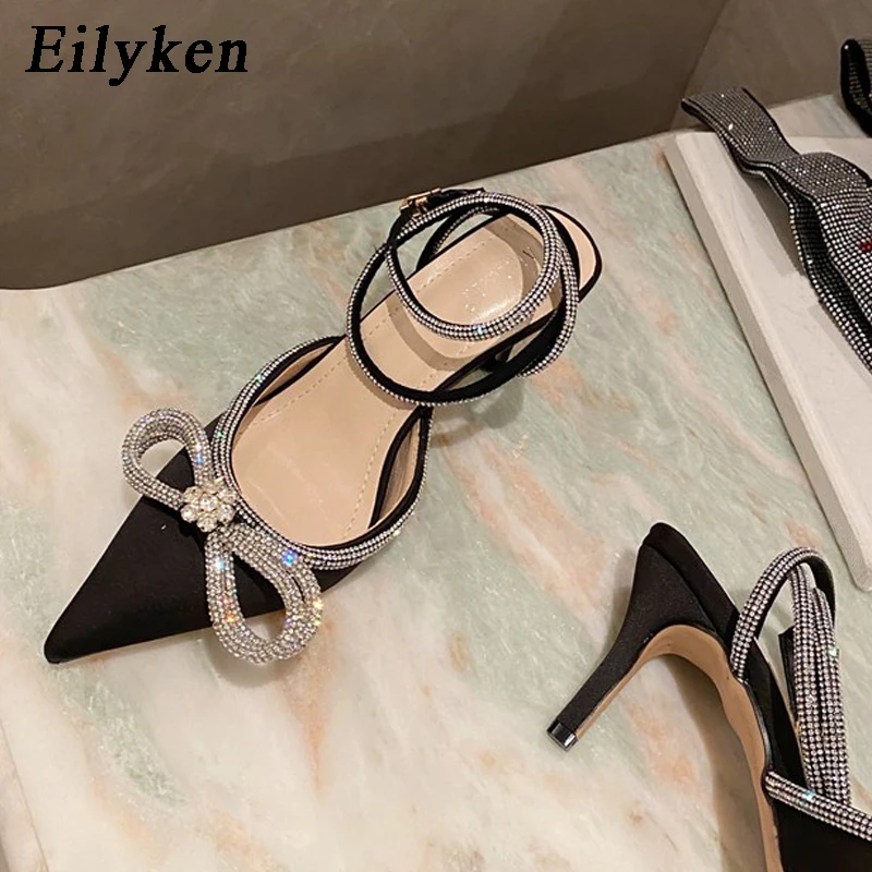 Eilyken Style Glitter Rhinestones Silk Transparent Pumps Women Crystal Bowknot Satin High Heels Party Prom Stripper Shoes