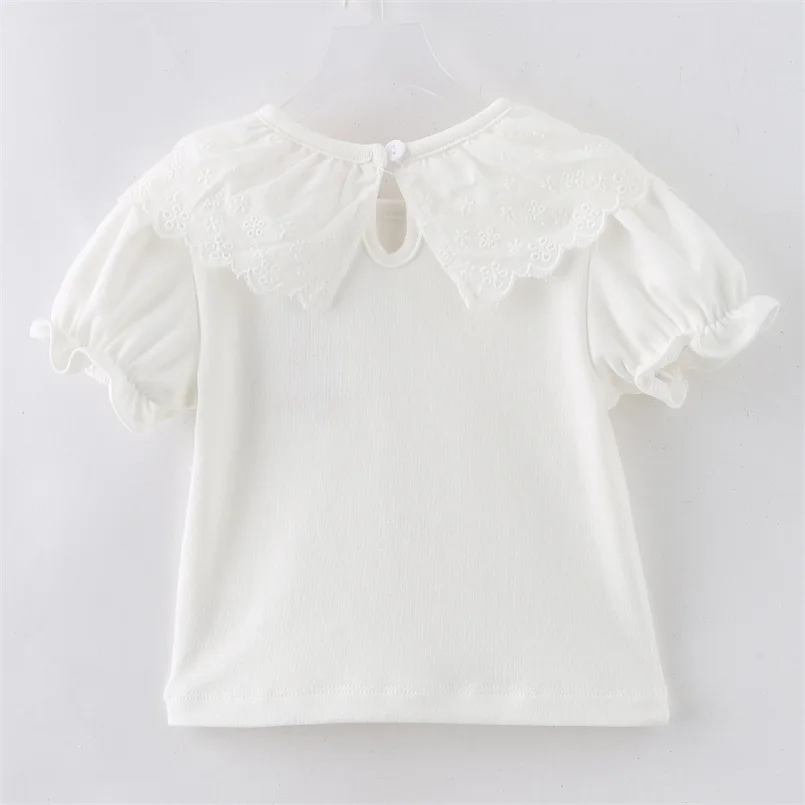 Kids White Shirts For Baby Girl Short Sleeve Ruffle Doll Collar Girls Blouses Summer Children School Clothes Toddler Lace Shirt