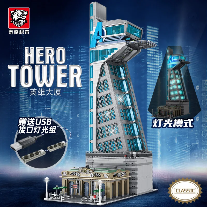 Creative Expert Super Heroes Modular Bricks Street Views Model With Light 55120 5883Pcs Heroes Tower Building Blocks Kids Gifts