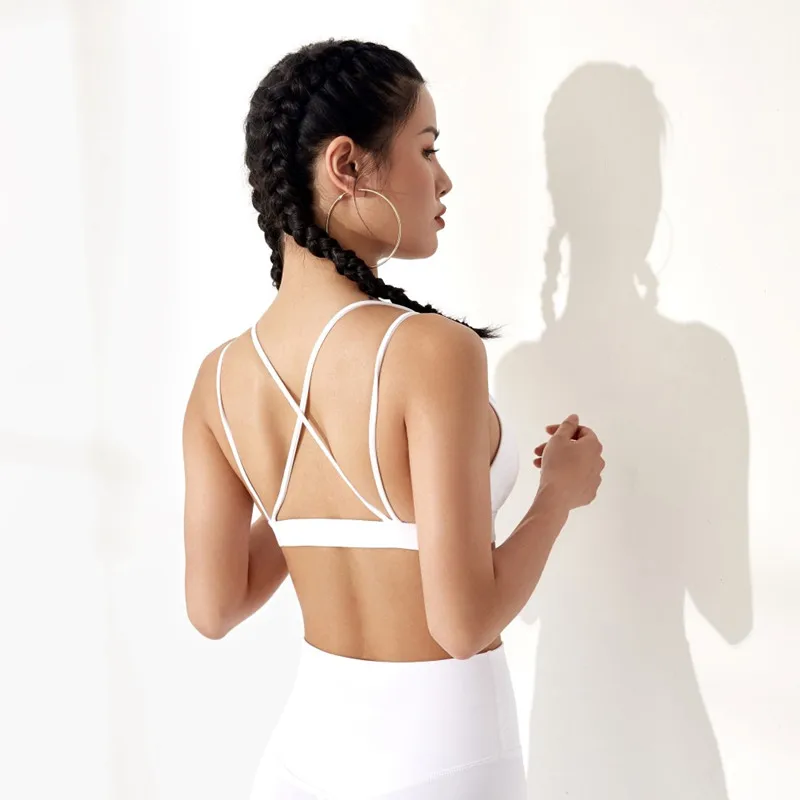 Sexy Fitness Yoga Bra White Sports Top New Sportswear for Women Gym Backless Cross Back Sports Bra Gather Breathable Running Bra image 3
