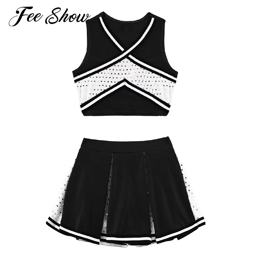 Kids Girls Cheerleading Dance Clothes Cheerleader Costumes Set Sleeveless Striped V Neck Top with Skirt Sparkling Sequins Outfit