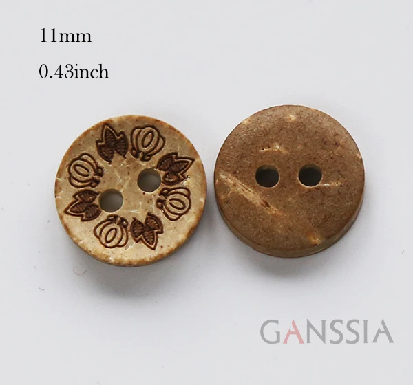 50pcs/lot Size:11mm Natural Coconut Buttons 2 Holes Leaf and Crown Garment Sewing Accessories(ss-710)