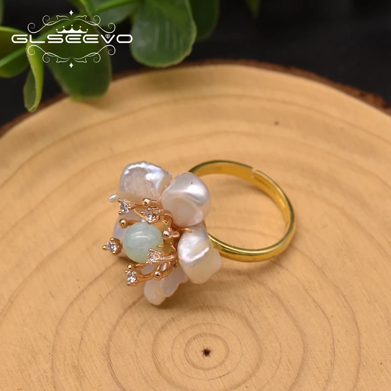 GLSEEVO Natural Baroque Pearl Rings For Women Wedding Engagement 925 Silver Flower Ring Luxury Handmade Fine Jewellery GR0266A