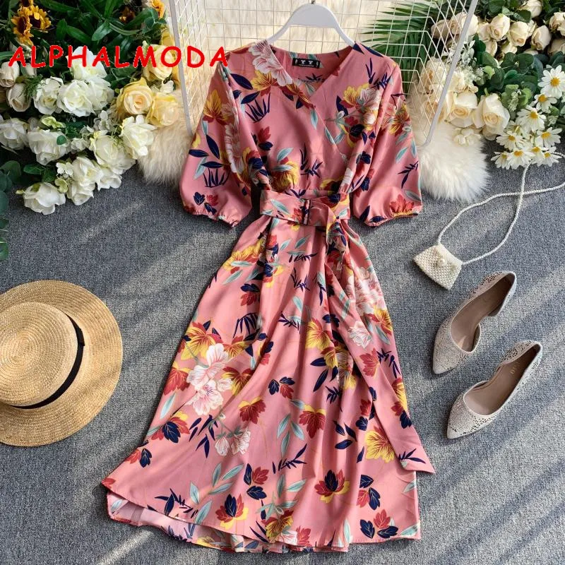 

ALPHALMODA Holiday Dress 2019 New Autumn Half-sleeved V-neck High Waist Slim Women Sweet Floral Print Mid-calf Chiffon Dress