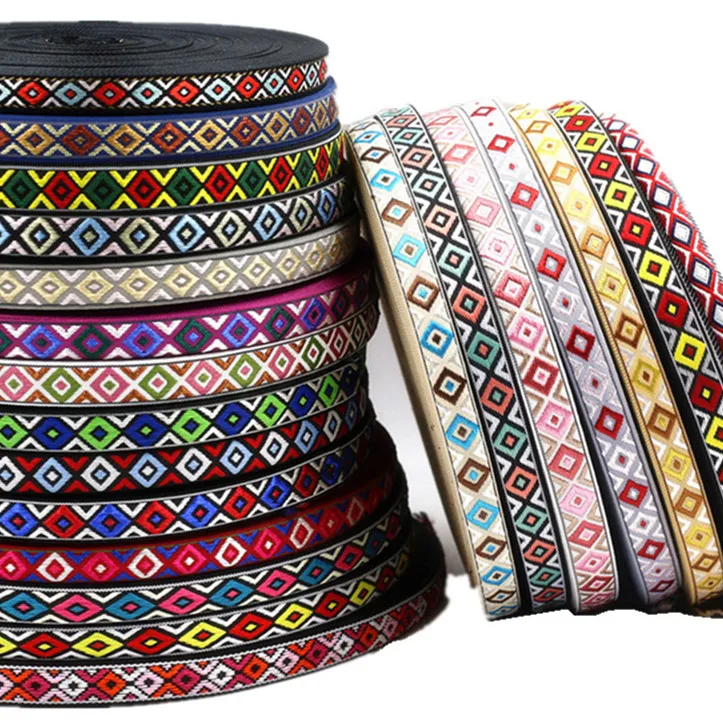 10-15MM 5 Yards Shinning Color Geometric Rhombus Woven Jacquard Ribbon Lace Trim Decoration For Pet Collars Clothing