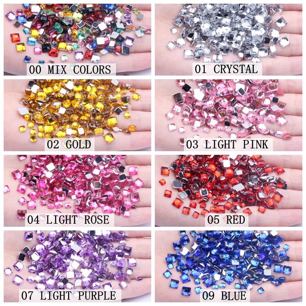 Acrilico Strass Forma Quadrata 8 millimetri Flatback Terra Sfaccettature Molti Colori Colla Su Beads Posteriore Piana FAI DA TE Chiodo Decorazione