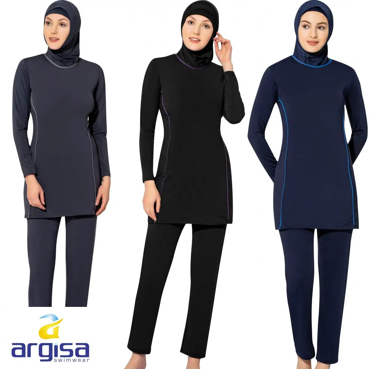 Argisa 7550 Long-Sleeve Solid Color Flexible Full Burkini Muslim Swimwear 36-60 Plus Size Hijab Islamic Swimsuit Fashion Turkey Women