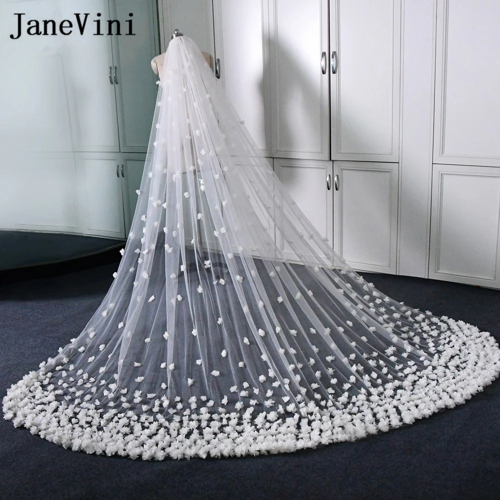 JaneVini Luxury 3M Long Wedding Veils 3D Flowers Floral Lace Ivory Veil for Bride with Comb Bride Hair Accessories Welon Tiulowy