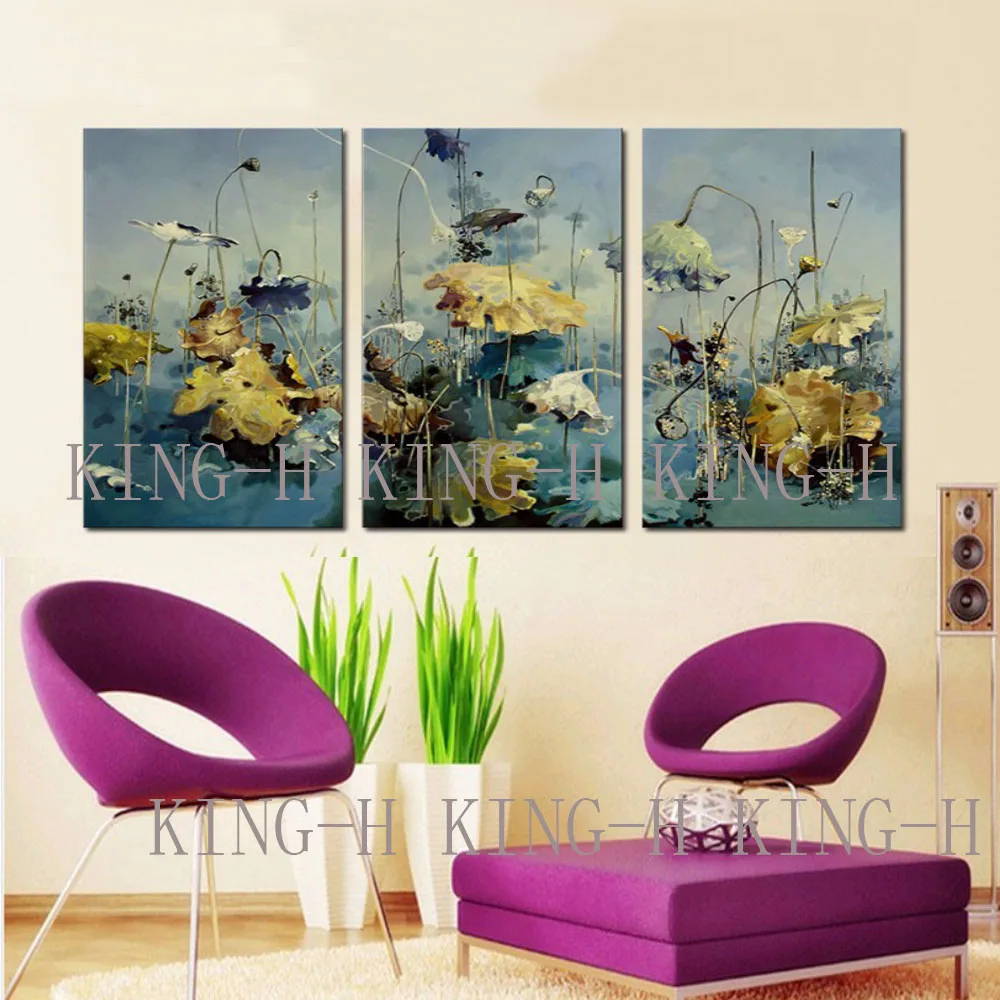 Combined with 3 p thick knife hand-painted oil painting lotus painting realistic or abstract quality of classical decorative hom