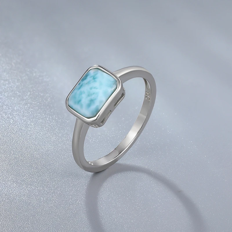 2021 New Trend 925 Sterling Silver Natural Gemstones Larimar Ring for Women Geometry Design Classic Simple Female Jewelry Dating