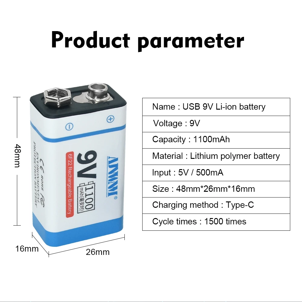 9 فولت USB بطارية قابلة للشحن 6F22 بطارية ليثيوم 9 فولت بطارية للكشف عن المعادن بطارية RC هليكوبتر نموذج ميكروفون لعبة نوع-c
